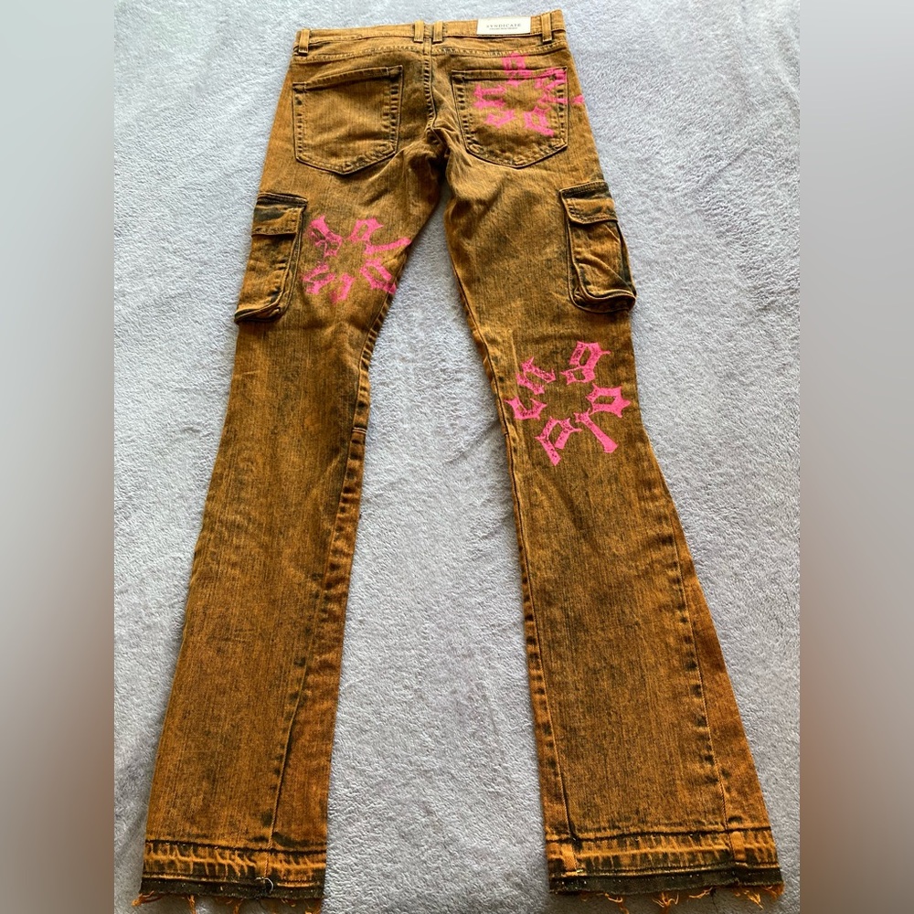 Women’s Flare Cargo Jeans with Pink Graphic Print - Picture 2 of 4